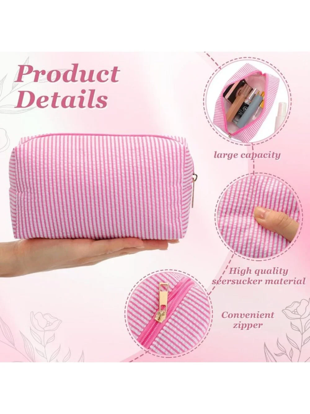 12 Pcs Striped Seersucker Cosmetic Bags Set - Pink Zippered Travel Organizers